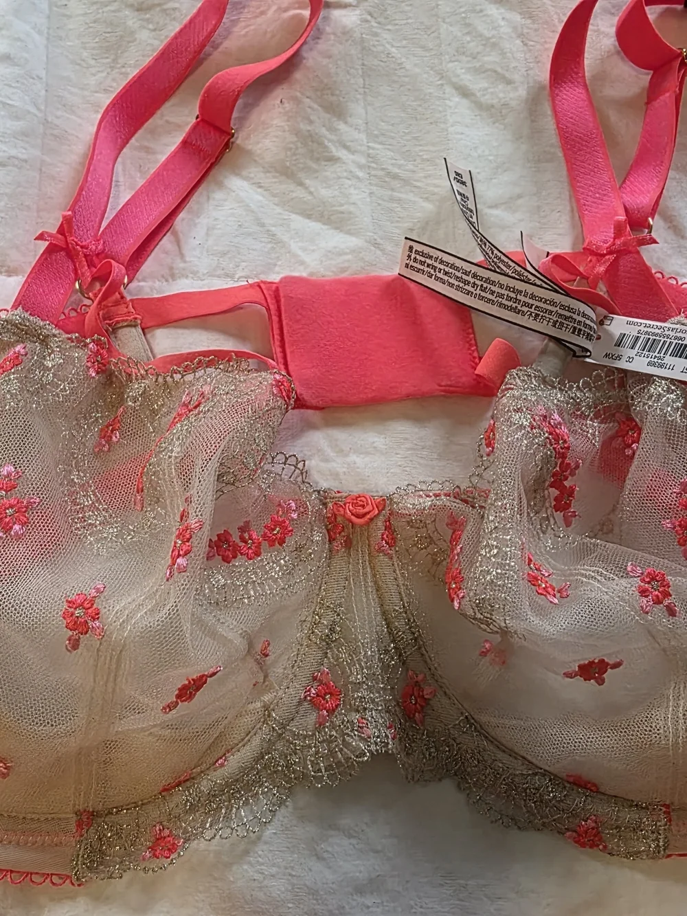 Victoria's Secret Hot Pink & Gold Lace Bra and Matching Thong Set- 38DD & XL